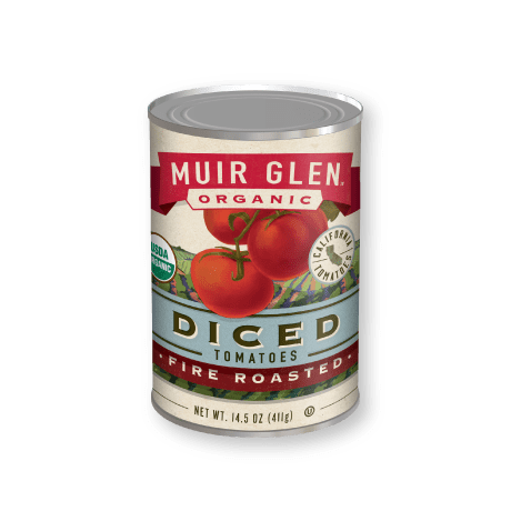 Muir Glen Organic Fire Roasted Diced Tomatoes, front of product.